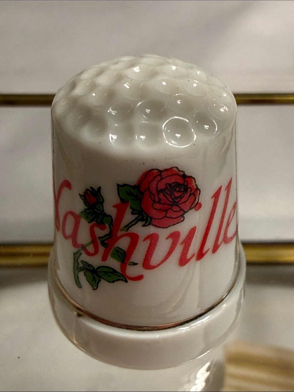 Vintage White Nashville Porcelain Thimble with Red Rose